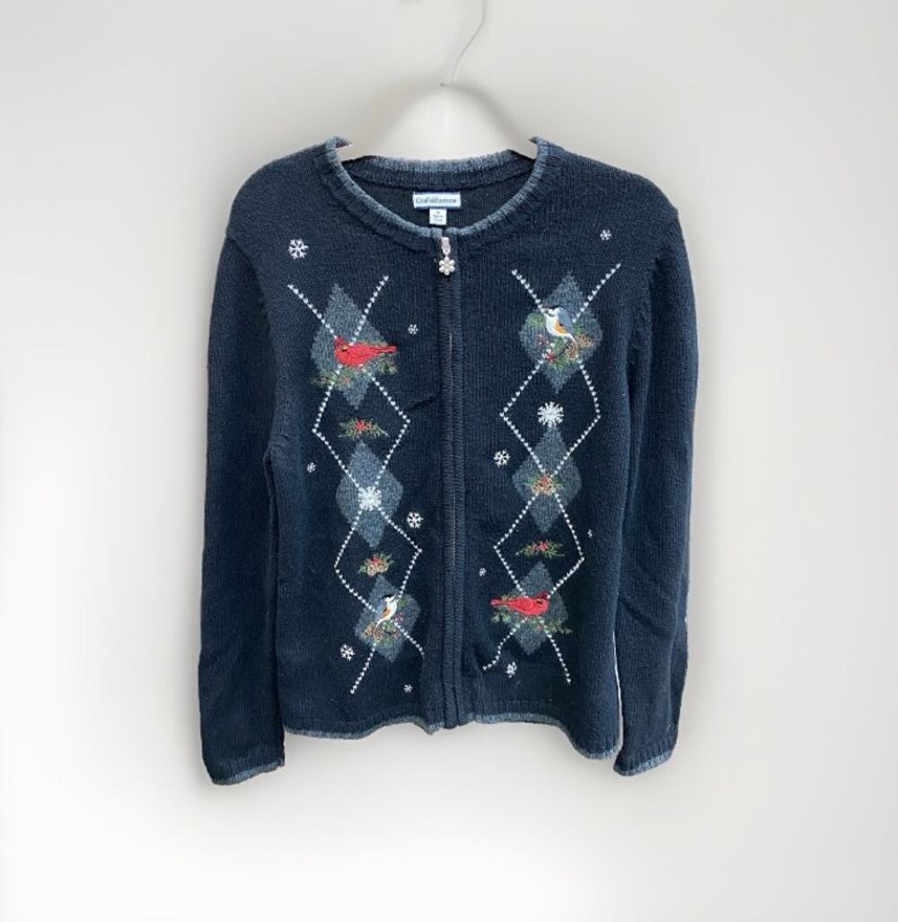 Croft & Barrow Embroidered Bird Cardigan Black Sz M Argyle Grandmacore Holiday